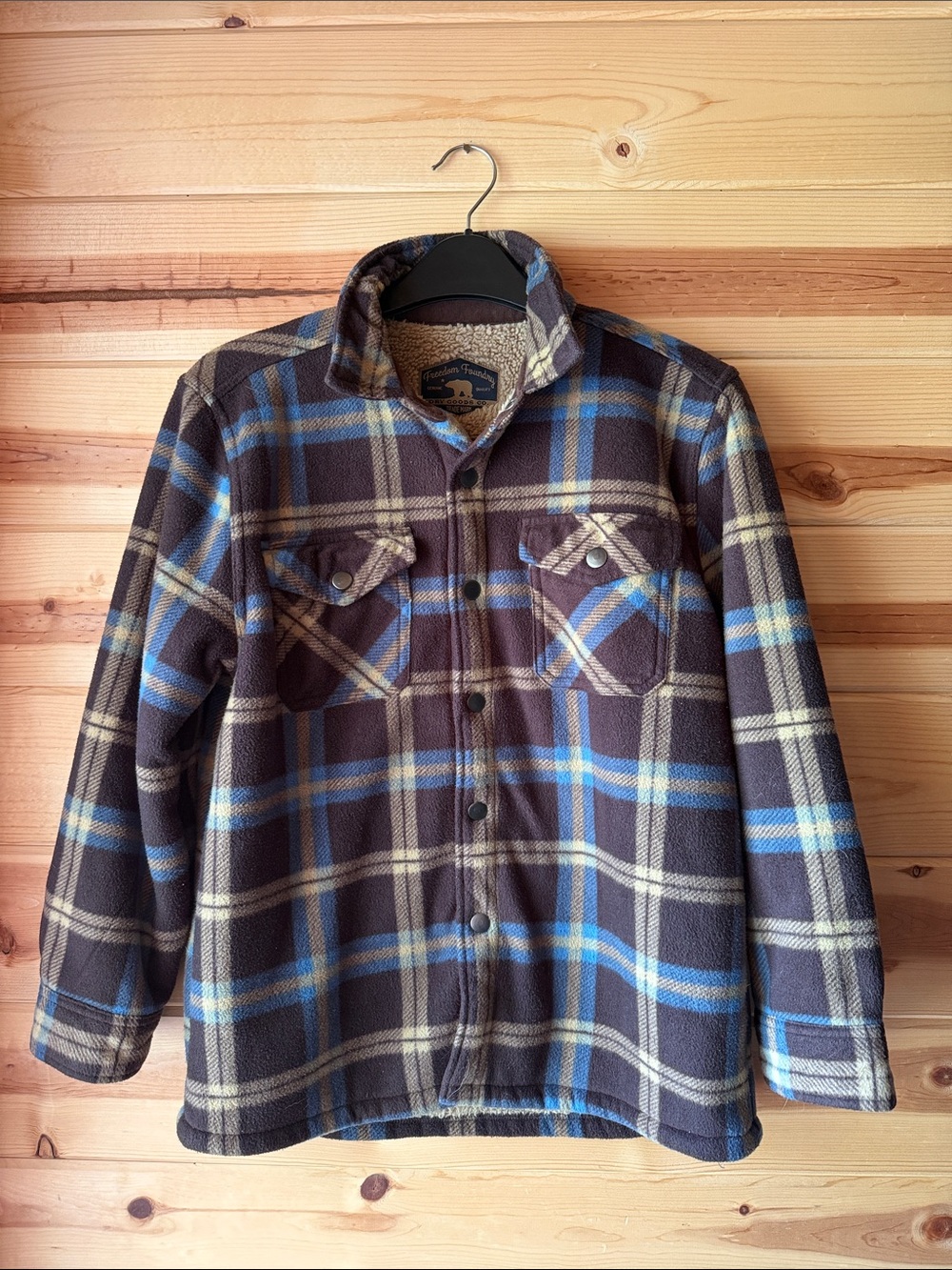 Kids Plaid Sherpa-Lined Button Jacket - Blue & Brown